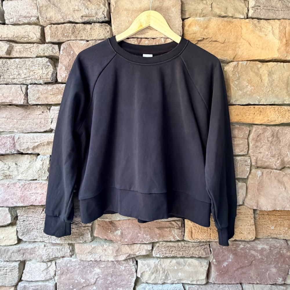 Stelle Women Large Thick Cotton Sweatshirt Black Raglan Sleeve Layered Hem Lux
